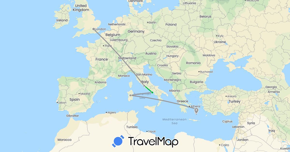 TravelMap itinerary: bus, plane in United Kingdom, Greece, Italy (Europe)